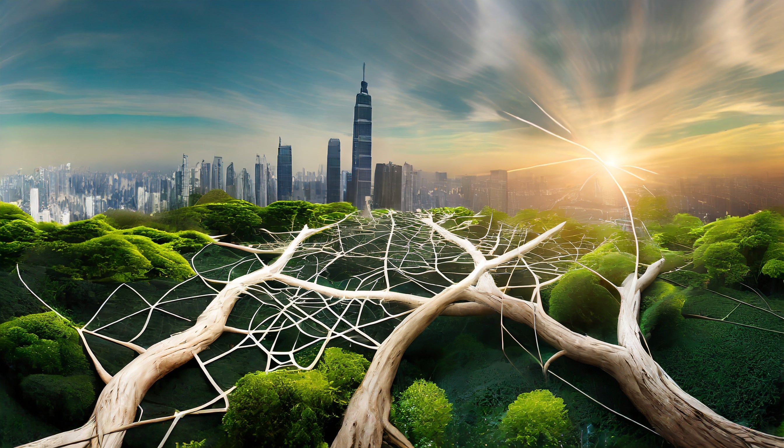 Adobe Firefly generated illustration of a network of roots and stems covering a landscape.  Beyond it lies a city, with a beautiful sunset.
