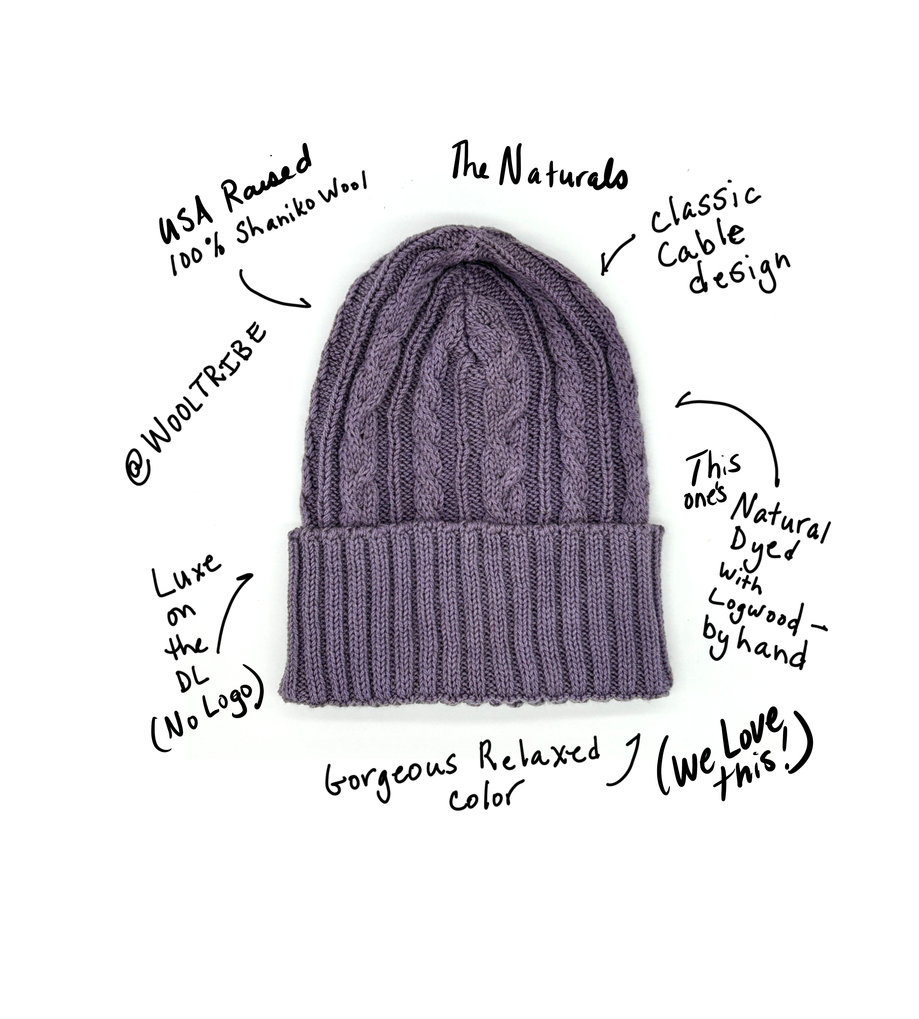 A naturally dyed purple WoolTribe beanie made of 100% USA Shaniko wool,  with hand written notes around it. 